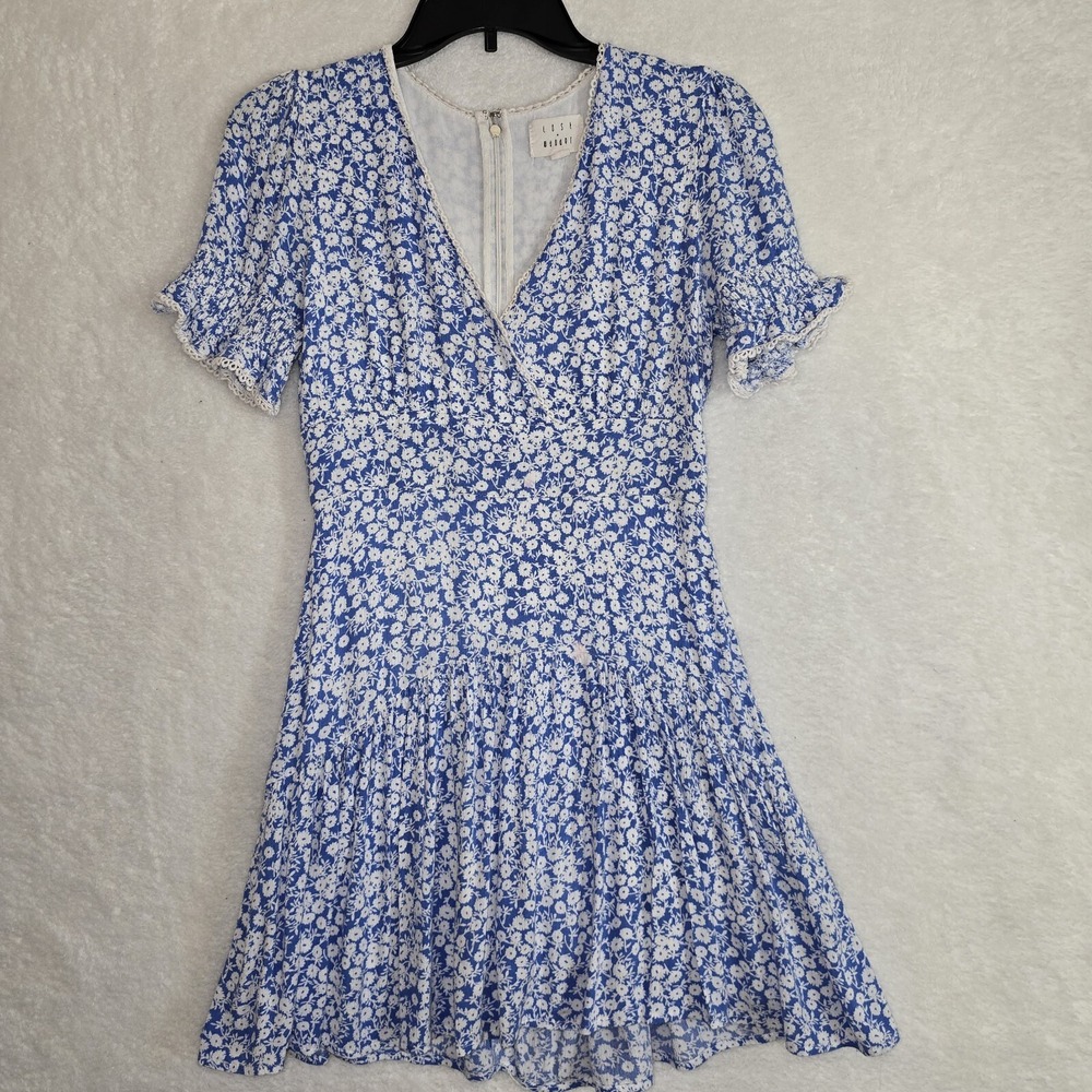 Lost & Wander Woman's Blue Floral Mini Dress Summer V-neck Size XS Short Sleeve‎